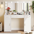47.5” Vanity Desk with Large Mirror, 3 Colour Lighting Modes, Adjustable Brightness, Dresser with 3 Drawers & 2 Vertical Cabinets, Makeup Vanity Table for Women Girls