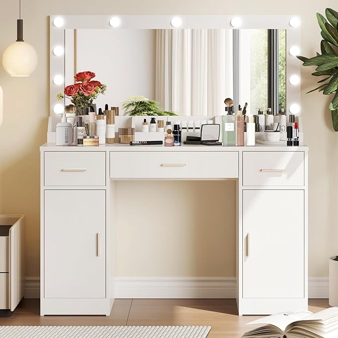 47.5” Vanity Desk with Large Mirror, 3 Colour Lighting Modes, Adjustable Brightness, Dresser with 3 Drawers & 2 Vertical Cabinets, Makeup Vanity Table for Women Girls