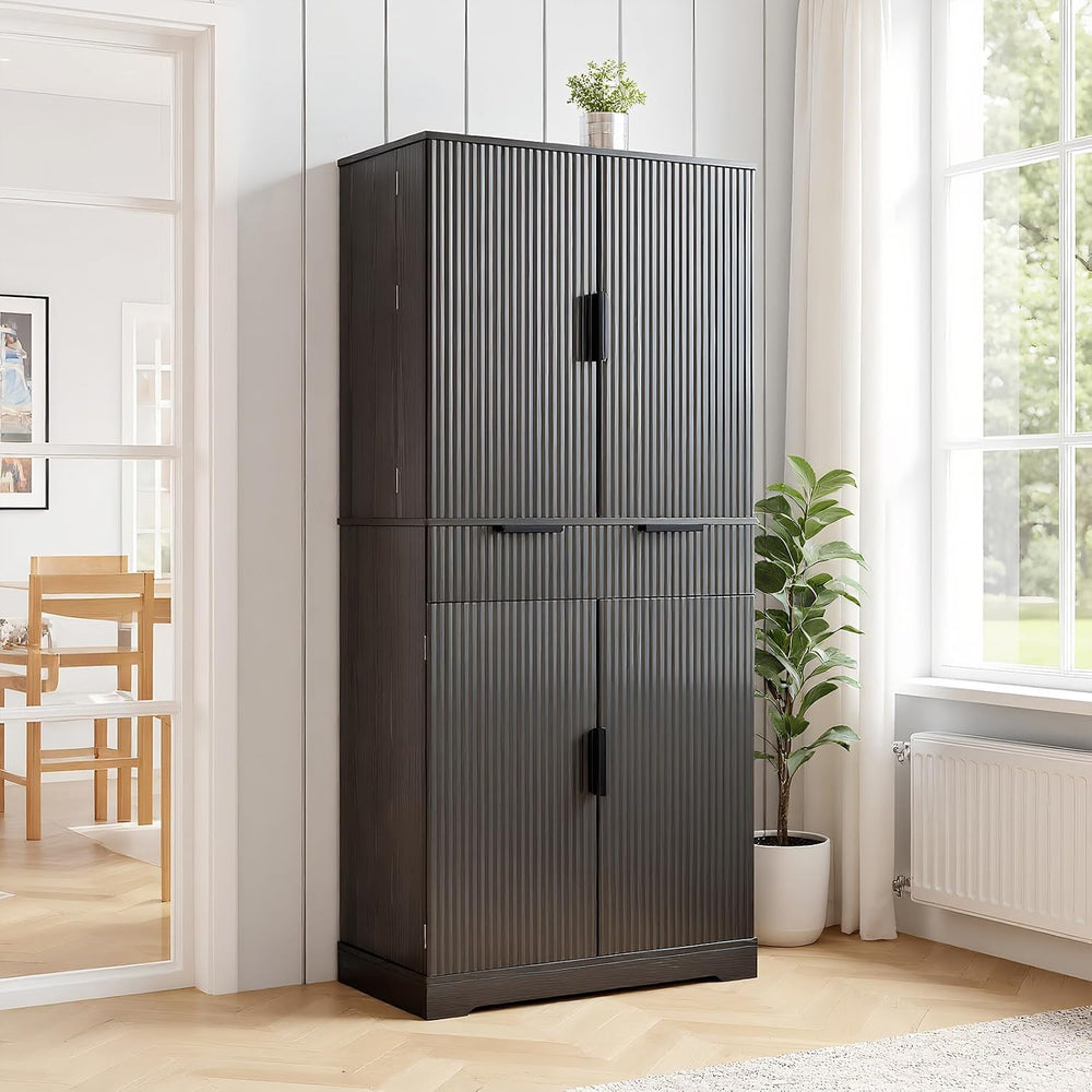 72” Kitchen Pantry Cabinet, Fluted Kitchen Cupboard with Doors and Large Draw...