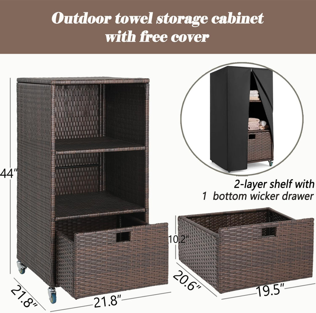 Outdoor Pool Towel Storage Cabinet Organizer Towel Valet Rack with Storage Shelves & Drawer Patio Wicker Pool Towel Holder with Rolling Wheels Poolside Caddy w/Cover for Hot Tub Spa Brown