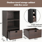 Outdoor Pool Towel Storage Cabinet Organizer Towel Valet Rack with Storage Shelves & Drawer Patio Wicker Pool Towel Holder with Rolling Wheels Poolside Caddy w/Cover for Hot Tub Spa Brown