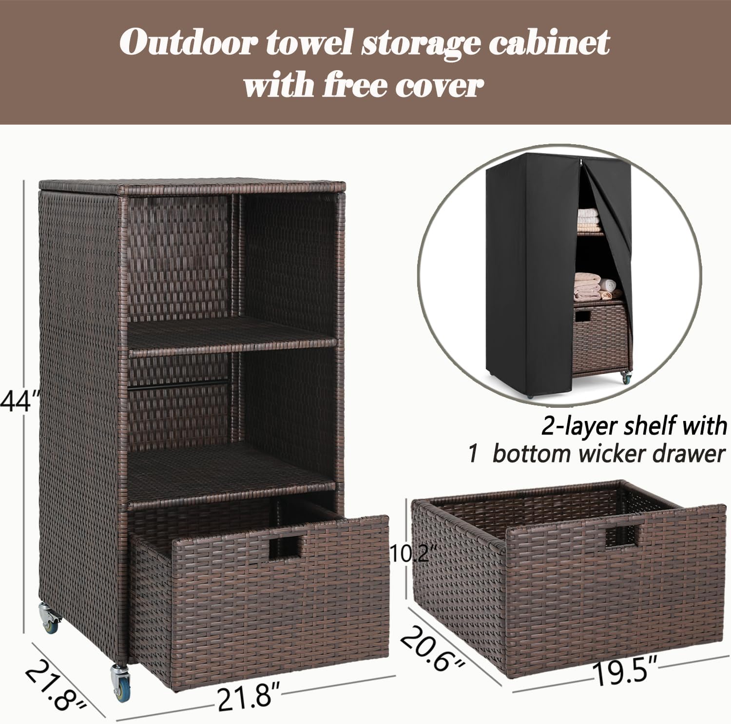 Outdoor Pool Towel Storage Cabinet Organizer Towel Valet Rack with Storage Shelves & Drawer Patio Wicker Pool Towel Holder with Rolling Wheels Poolside Caddy w/Cover for Hot Tub Spa Brown