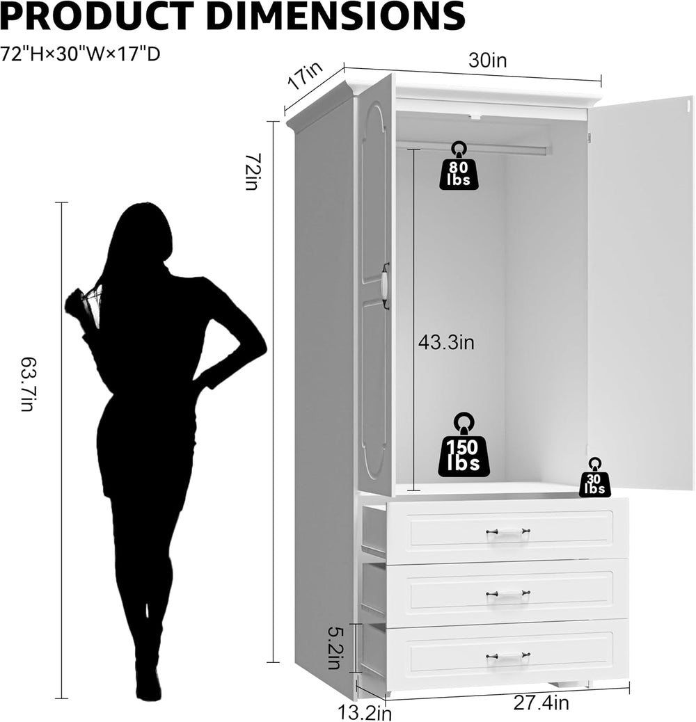 FJTJBSI Armoire Wardrobe Closet with 3 Drawers and LED Light 72" Wooden ...