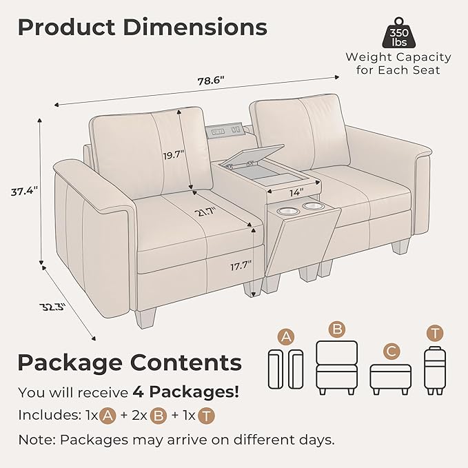 SITJOY 79" Faux Leather Modular Sectional Sofa with Storage, Mid Century Modern Sectional Couches for Living Room, 2 Seat Loveseat Couch and Console Table, Hidden Cupholders, Brown