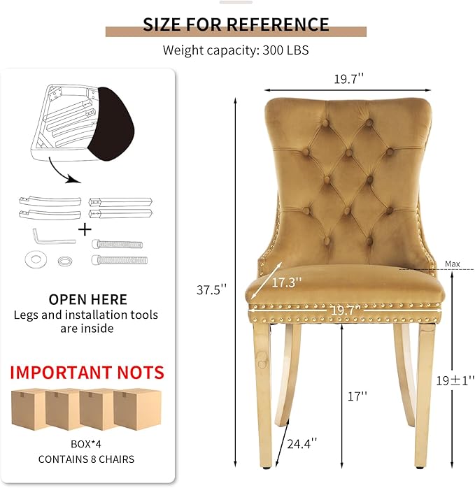 Mid Century Modern Dining Chairs Set of 8, Yellow Velvet Upholstered Tufted Back, Kitchen & Dining Room Chairs, Gold Metal Legs, Nailhead Trim, Sillas para Comedor (Yellow, 8 Pcs)