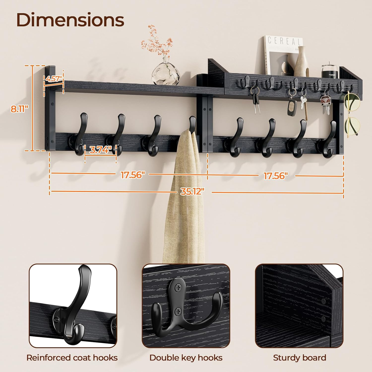 Evermagin 35" Coat Rack Wall Mount with Shelf, 4 in 1 Coat and Key Hanger with 13 Metal Hooks, Entryway Wall Mounted Shelf with Mail Holder for Living Room, Bedroom, Black