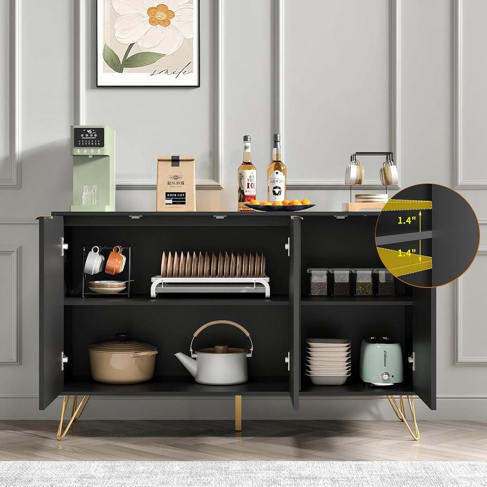 Storage Cabinet with 3 Doors, Metal Legs and Adjustable Shelf, Black丨Sideboar...