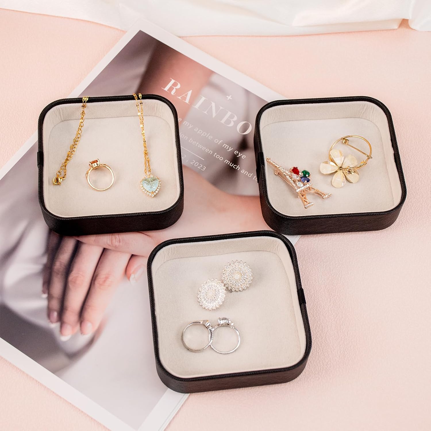SANQIANWAN Set of 3 Small Stackable Jewelry Organizer Trays Mini Jewelry Drawer Oragnizer Small Jewelry Display Tray for Necklace Bracelet Rings Earrings and Makeup (Black)