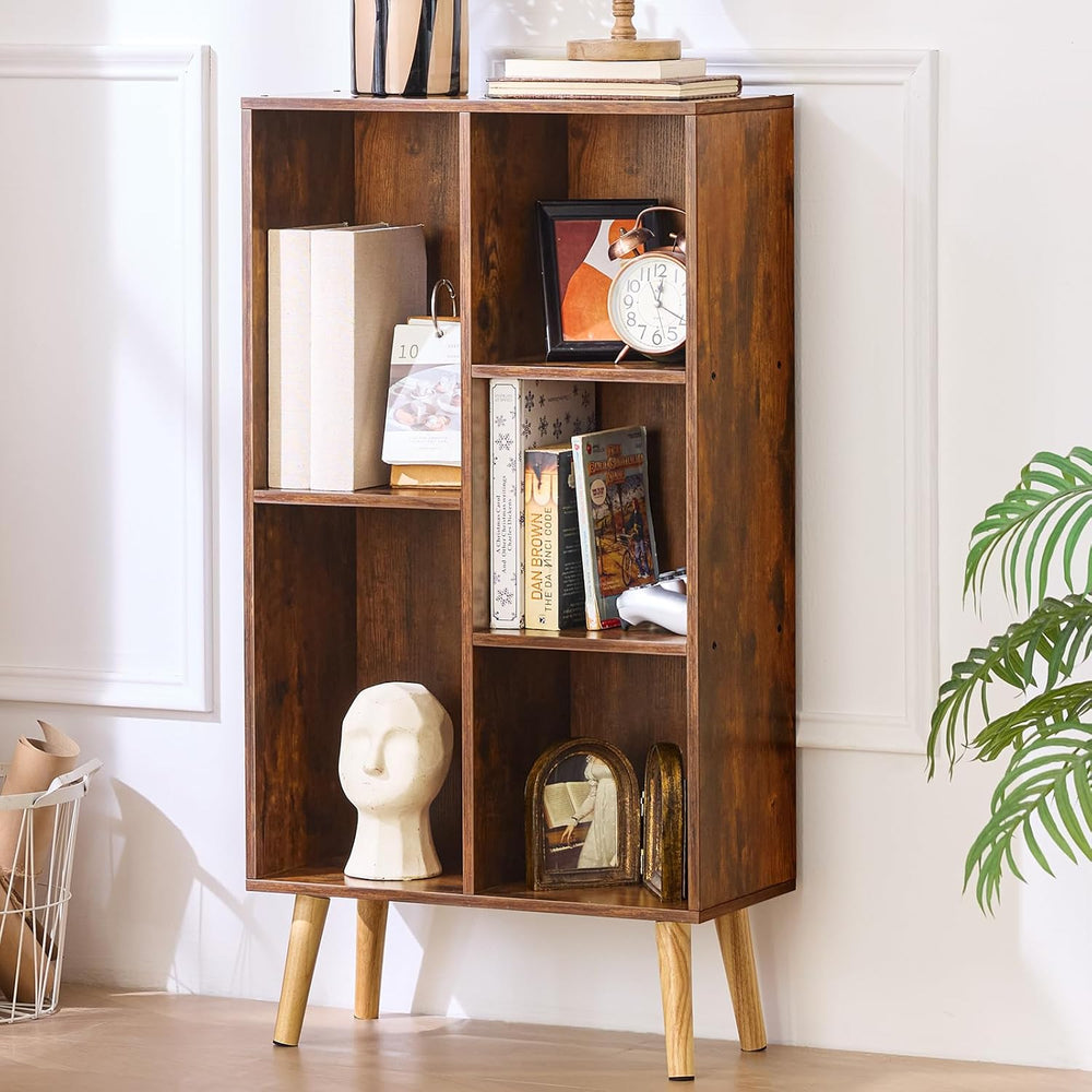 LEYAOYAO 5 Cube Small Bookshelf,3 Tier Mid-Century Bookcase with Legs,Wood Bo...