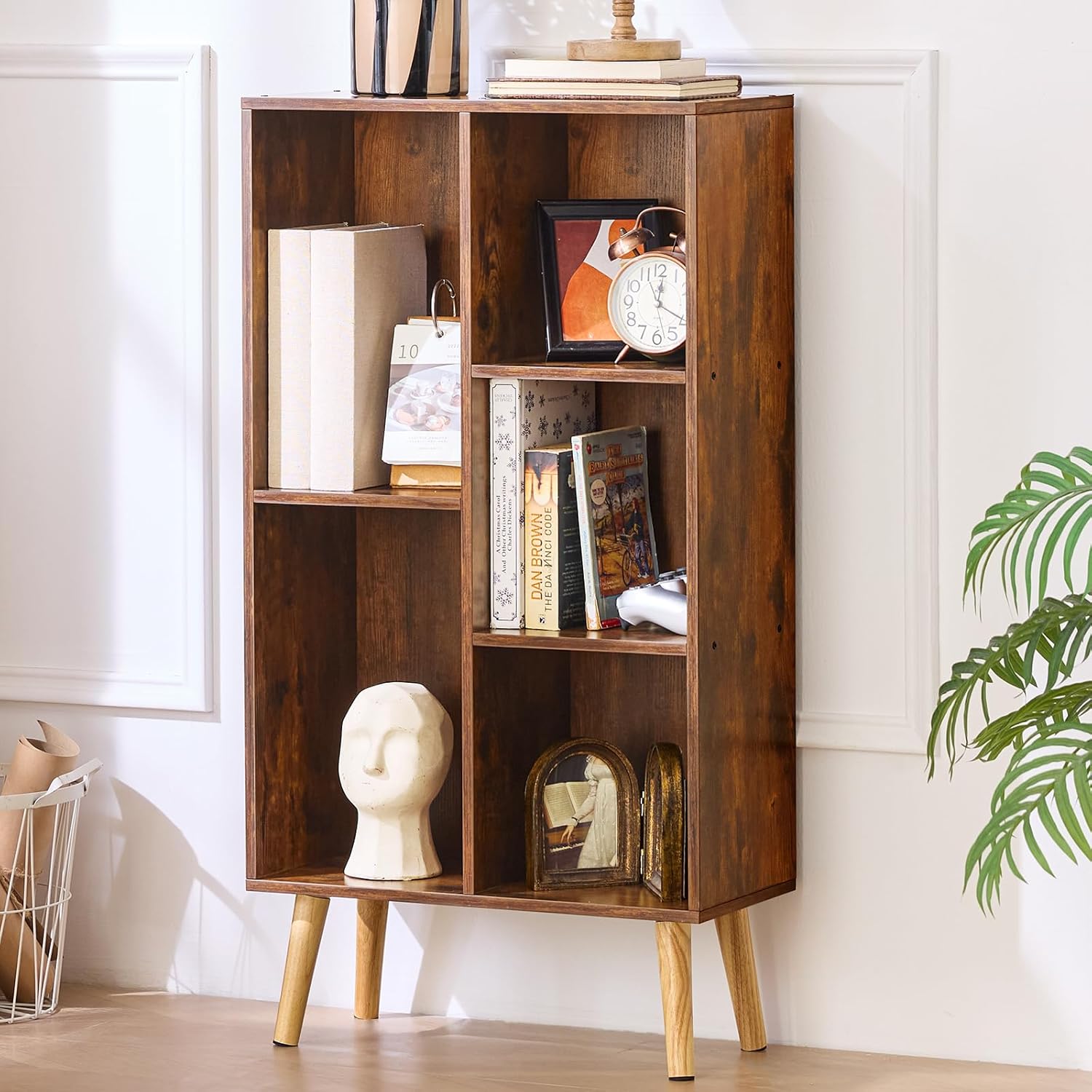 LEYAOYAO 5 Cube Small Bookshelf,3 Tier Mid-Century Bookcase with Legs,Wood Bookshelves Storage Organizer Shelf,Narrow Book Shelves,Brown Bookcases