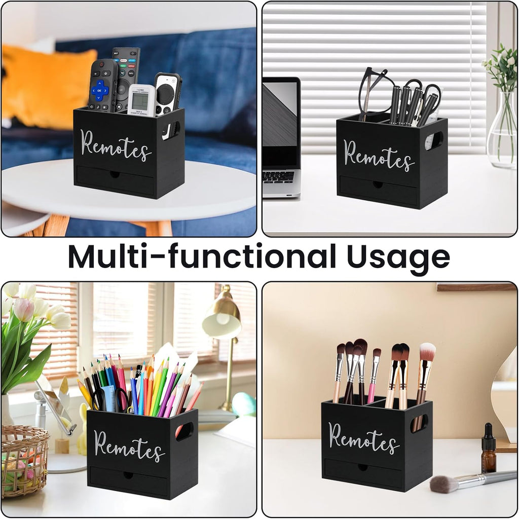 Remote Control Holder, Wooden TV Controller Holder, Desk Organizer with 2 Compartment and Drawers for TV & Office Supplies, Ideal for Tabletop (Black)
