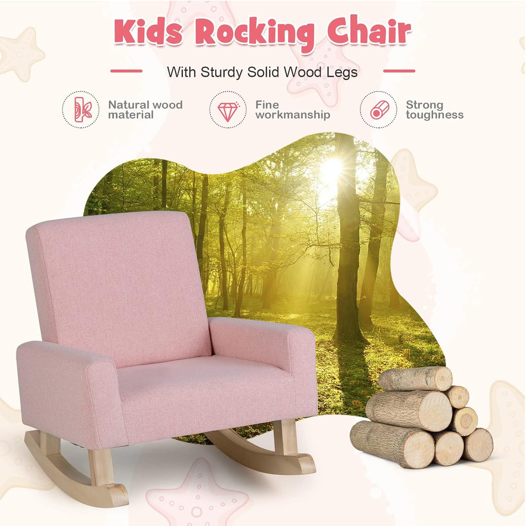 Toddler Rocking Chair, Kids Sofa Chair with Solid Wooden Frame and Linen Fabric, Kids Rocking Chair for Nursery, Living Room, Bedroom, Playroom, Age 3-5 Years, Pink/Blue