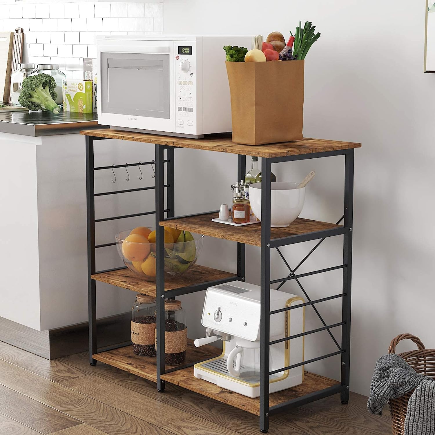 SogesPower Kitchen Baker's Rack, 3-Tier Microwave Stand Storage Rack with Different Height,Vintage Coffee Station with 5 Hooks,Organizer Workstation for Kitchen, Living Room and Corridor