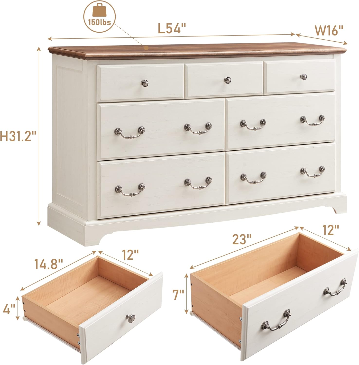 T4TREAM 7 Drawers Dresser Chests for Bedroom, Wood Vintage Chests of Drawers, Rustic Dressers Chset Organizer for Bedroom, Living Room, Hallway, Antique White