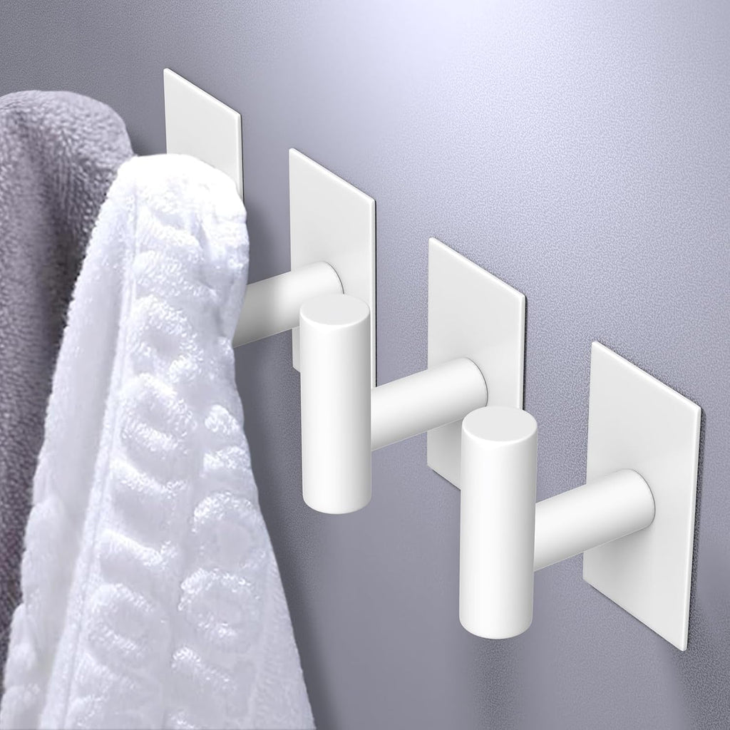 VAEHOLD Wall Towel Hooks, Heavy Duty Sticky Holder Waterproof Towel Hooks for Hanging Coat, Clothes, Closet Hook Wall Mount for Kitchen (White, 2 Pack)