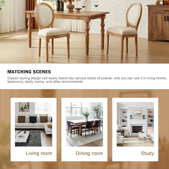 Nrizc French Dining Chairs Set of 6, French Country Dining Chair, Vintage Farmhouse Dining Chairs with Round Back, Solid Wood Beige Fabric Dining Room Chairs, for Kitchen, Bedroom, Dining Room