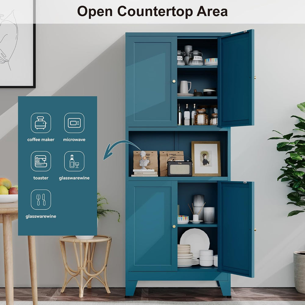YAUWOH 69" Tall Metal Pantry Cabinet with Microwave Shelf, 4 Doors &...