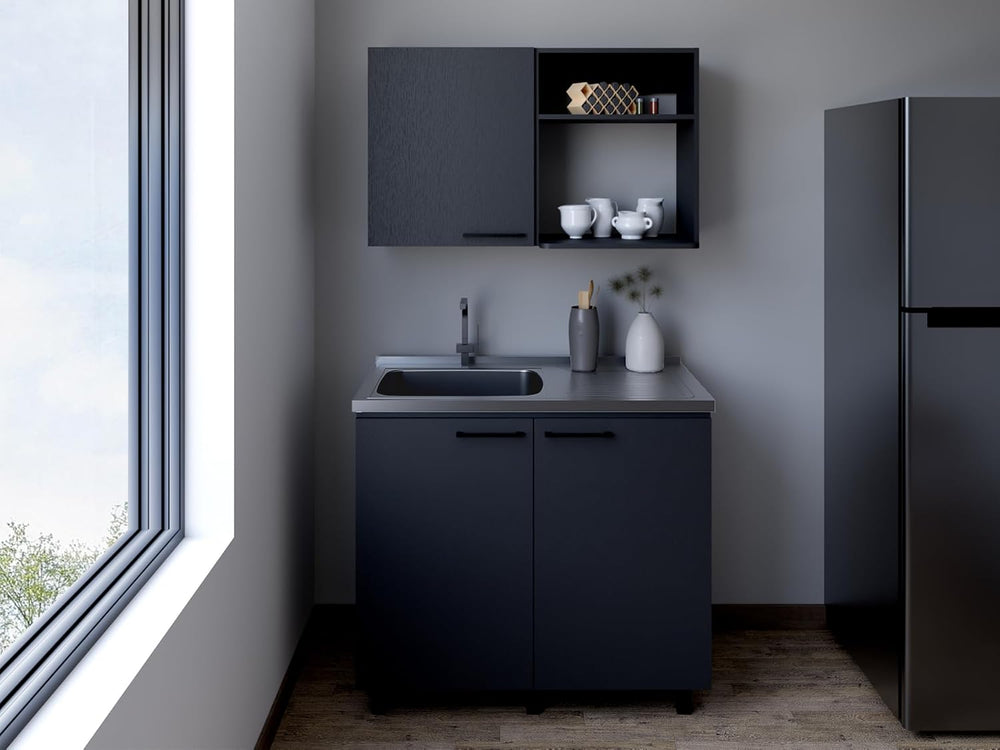2 Piece Kitchen Set with Wall Cabinet and Utility Sink in Black | Includes st...