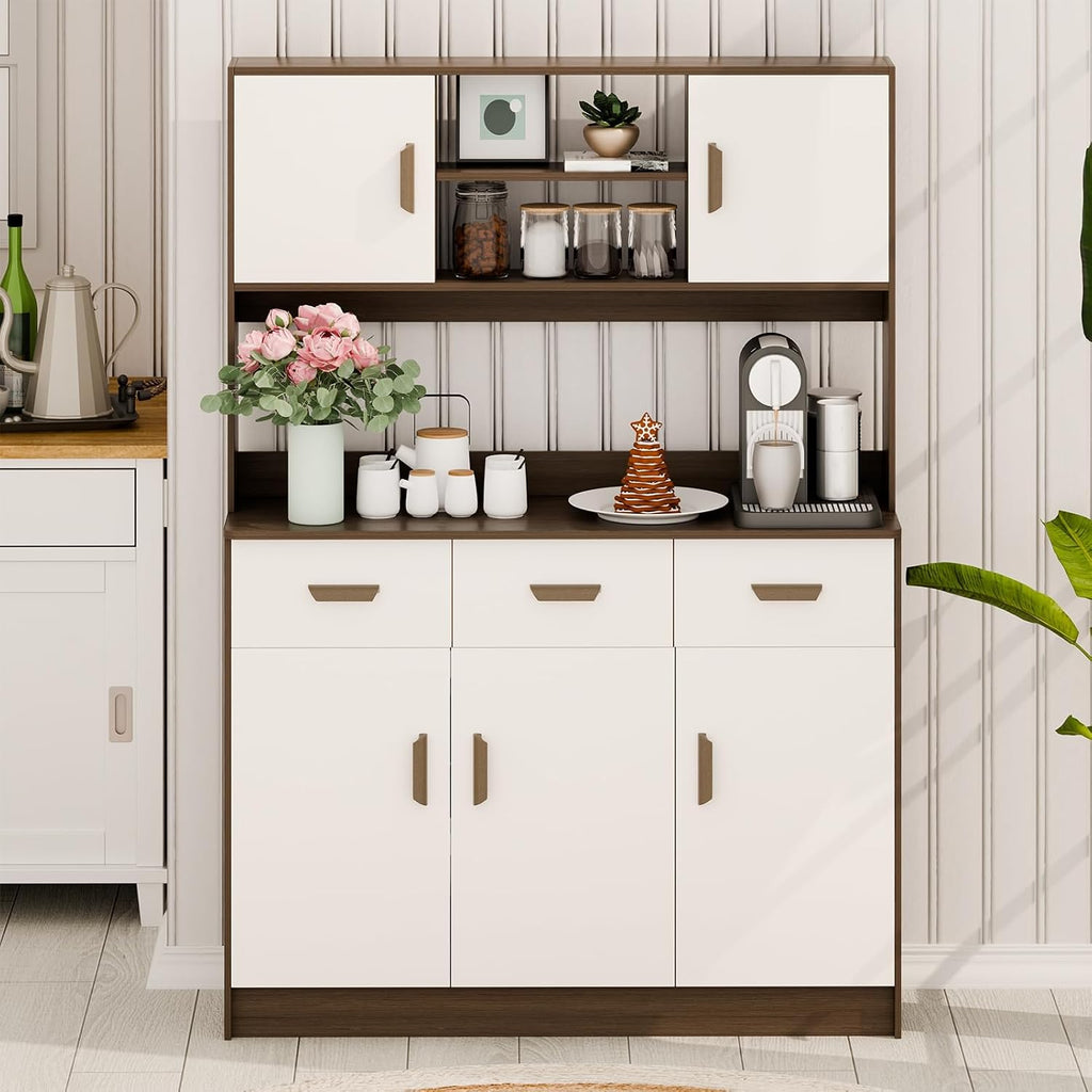 Talent Star Pantry Cabinets for Kitchen Storage, Freestanding Hutch Cabinet with Buffet Cupboard, Utility Pantry with Microwave Stand, Household Wall Tall Sideboard with 3 Drawers Grey