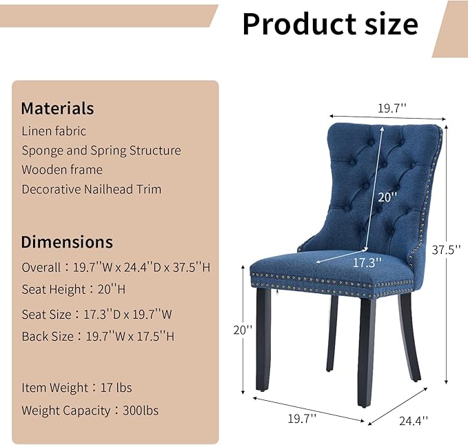 Modern Dining Chairs Set of 2, Tufted Upholstered Dining Chairs with Solid Wood Legs, Blue Linen Fabric Kitchen Chair, Sillas de Comedor, Comfy Kitchen Chair (Blue, Linen, 2Pcs)