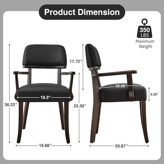 PU Leather Dining Chairs with Arms, Upholstered Dining Room Chairs with Hardwood Legs & Open Curved Backrest,Modern Accent Kitchen Chairs 350 LBS Capacity, Black
