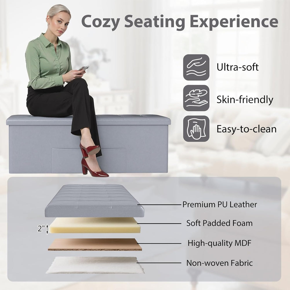 Giantex 43 Inches Folding Storage Ottoman Bench, Upholstered PU Leather Stora...