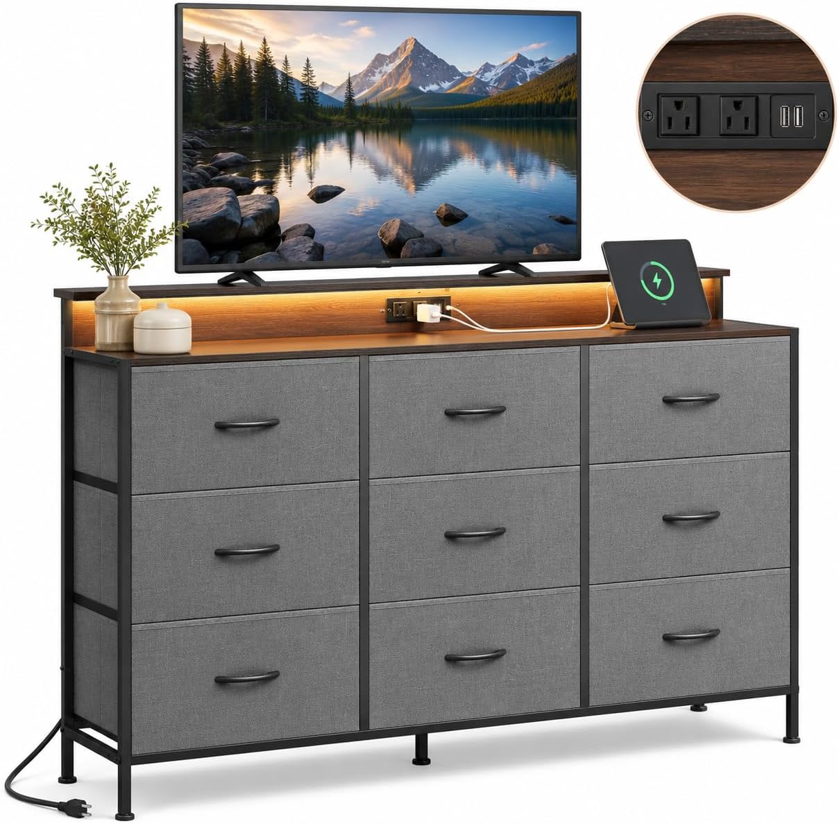 WLIVE Grey Dresser TV Stand for 45, 50, 55 inch TV, Entertainment Center with LED Lights & Charging Station, TV Media Console Table with 9 Fabric Drawers and Open Shelves for Living Room, Dark Grey
