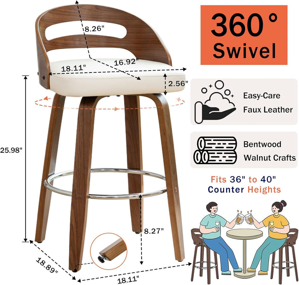 Counter Height Bar Stools, Mid Century Counter Stools with Walnut Finish | Natural Bentwood Frame, Easy-Grip Handle,Low Back, Upholstered Faux Leather, Kitchen Counter Stools for Kitchen, Pub, Cafe