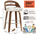 Counter Height Bar Stools, Mid Century Counter Stools with Walnut Finish | Natural Bentwood Frame, Easy-Grip Handle,Low Back, Upholstered Faux Leather, Kitchen Counter Stools for Kitchen, Pub, Cafe
