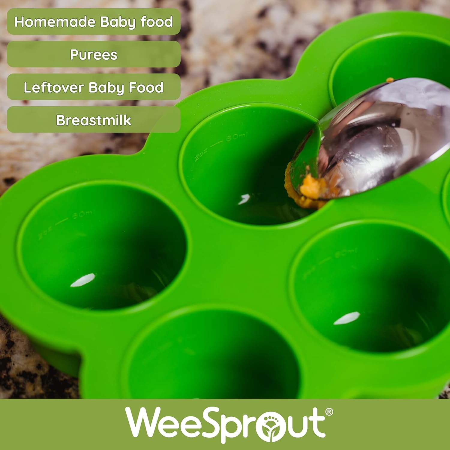 WeeSprout Silicone Freezer Tray with Clip on Lid Perfect Food Storage Container for Homemade Baby Food, Vegetable, Fruit Purees, and Breast Milk (Bright Green, Six 3 Ounce Sections)