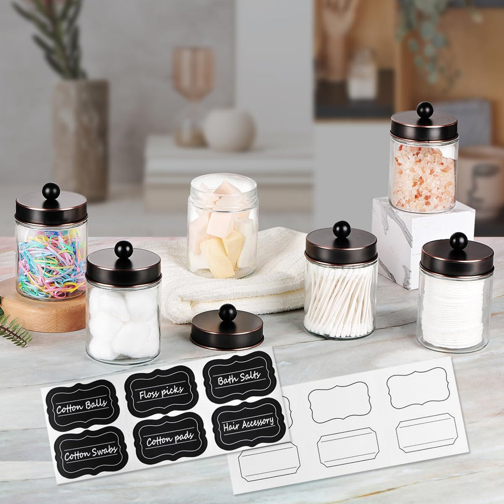 Amolliar 6 Pack Apothecary Jars Bathroom Vanity Organizer- Rustic Farmhouse Decor Storage Canister with Stainless Steel Lids- Qtip Dispenser Holder for Q-Tips,Cotton Swabs,Rounds,Ball,Flossers