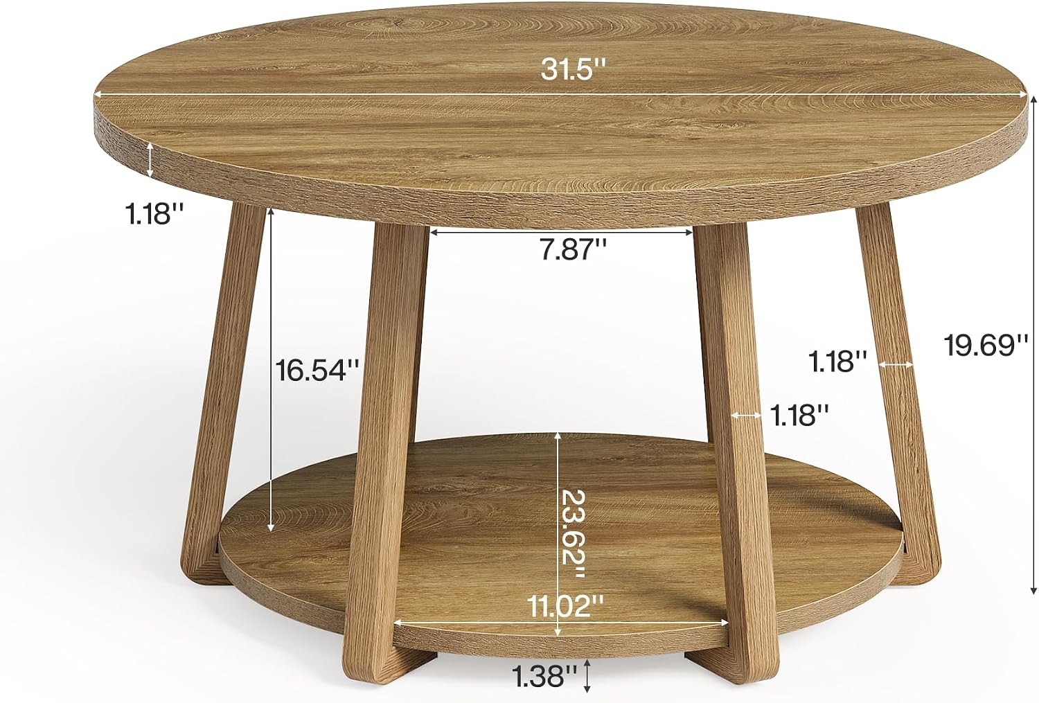 LITTLE TREE Round Coffee Table, 2-Tier Center Table with Storage | Wooden Legs, 31.5 Dia. x 19.6 H Inches, Easy Assembly, Circle Coffee Tables for Living Room, Bedroom