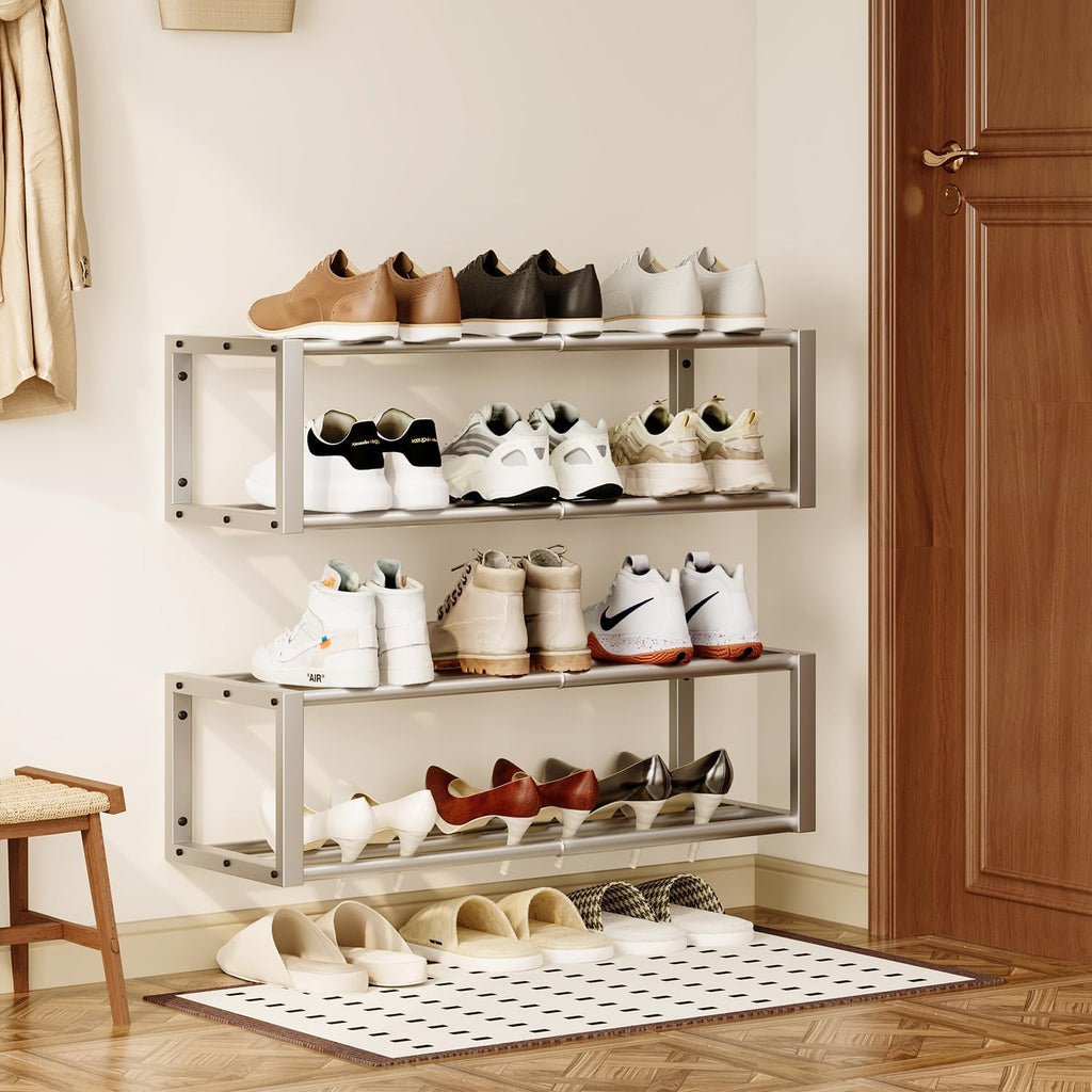 Homeiju Hanging Shoe Organizer,2 Pack Wall Mounted Shoe Rack Holds 12 Pairs,Space Saving Metal Wall Shoe Rack,Hanging Shoe Rack Shoe Holder for Small Space,Entryway,Closet,RV,Camper (Silver)