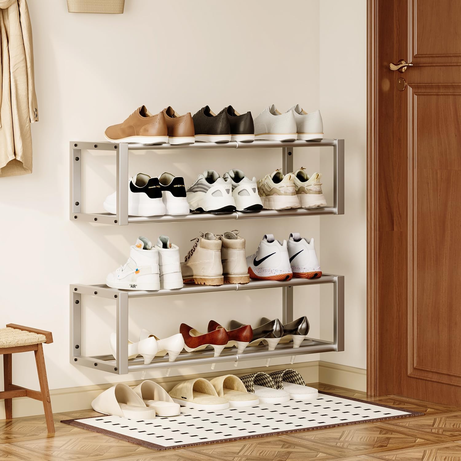 Homeiju Hanging Shoe Organizer,2 Pack Wall Mounted Shoe Rack Holds 12 Pairs,Space Saving Metal Wall Shoe Rack,Hanging Shoe Rack Shoe Holder for Small Space,Entryway,Closet,RV,Camper (Silver)