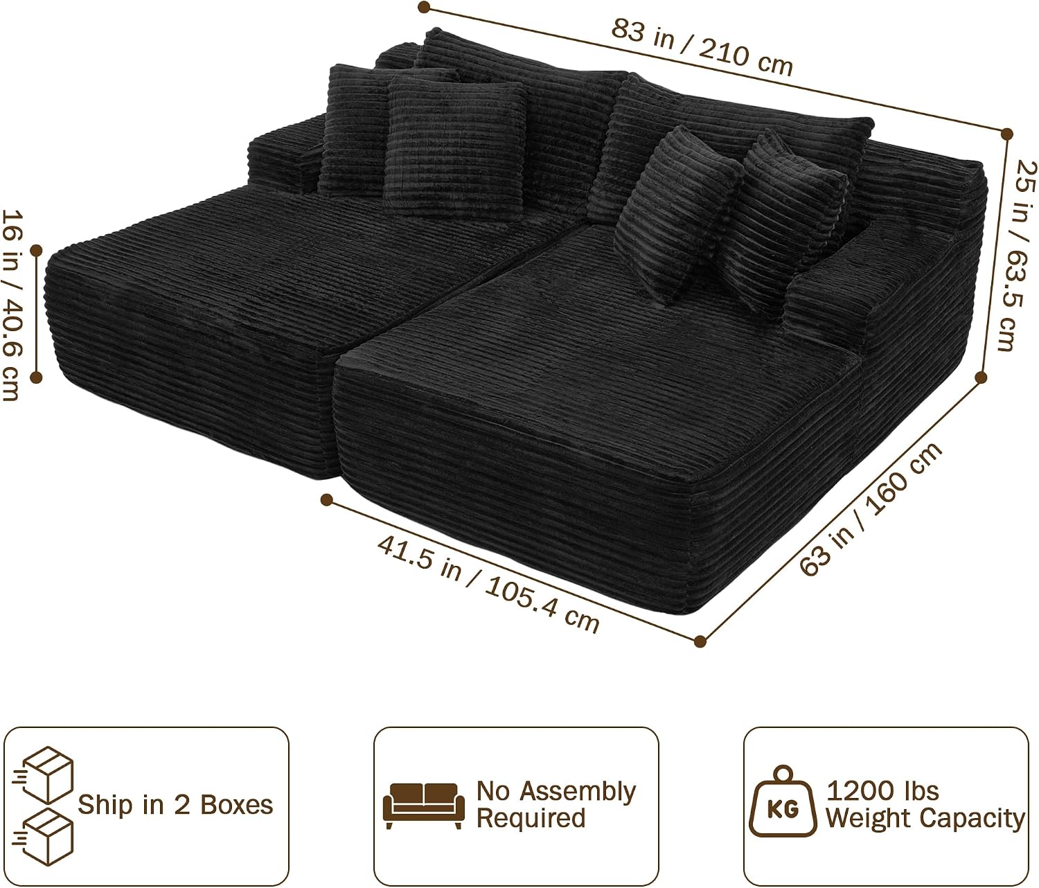 83” Oversized Double Chaise Lounge Chair Boneless Cloud Sofa Bed,Black | Double Lounge Chaise, Boneless Loveseat Sofa, Corduroy Chaise Lounge, Deep Seat Sleeper Couch for Living Room, No Assembly
