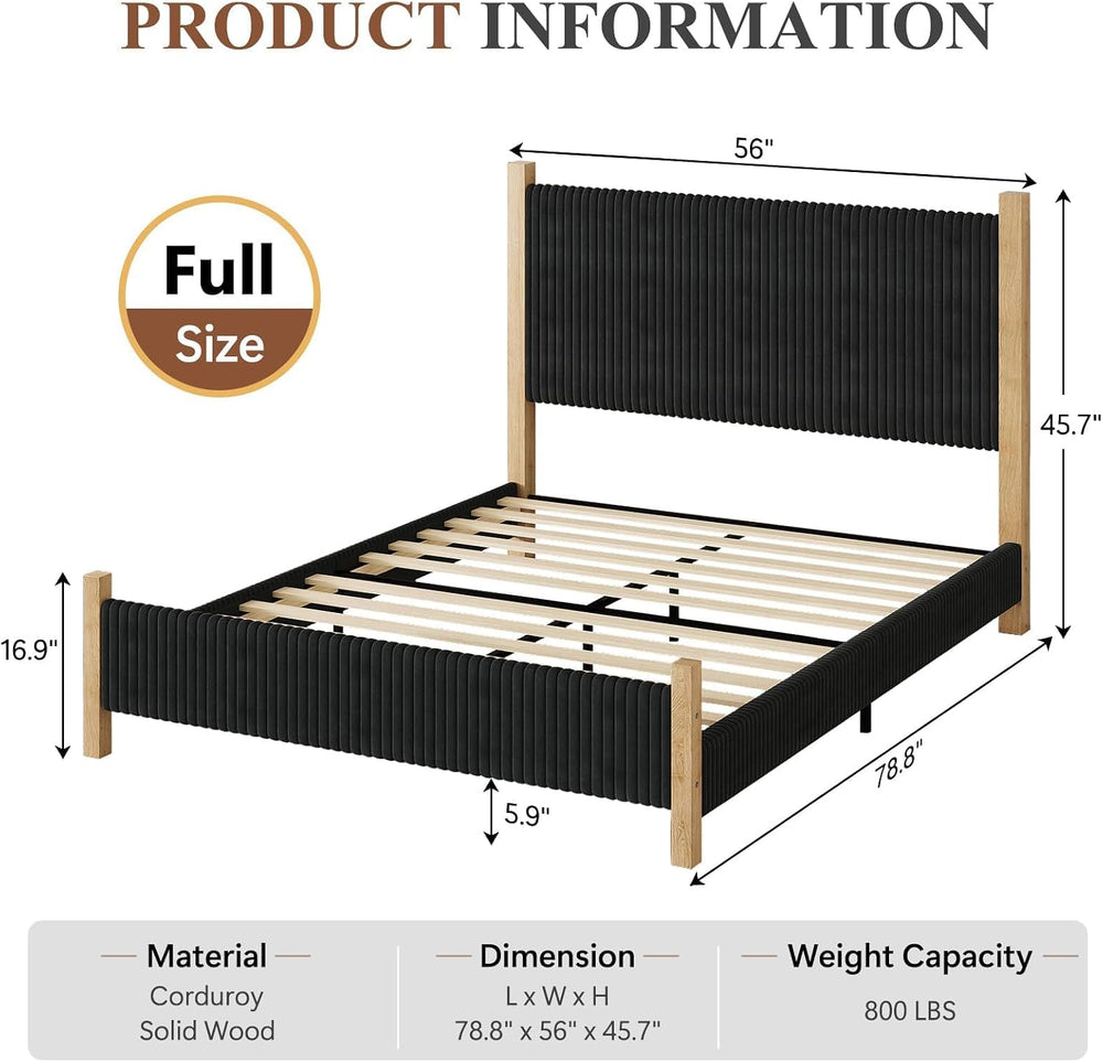 IMMERSTABLE Full Bed Frame with Headboard, Upholstered Platform Bed, Black
