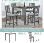 KEIKI 5-Piece Counter Height Dining Table Set with Square Table and 4 Upholstered Slatted Backrset Chair, for 4 Person, Modern Style Wooden Table Set, Easy Assembly, for Kitchen, Dining Room, Gray