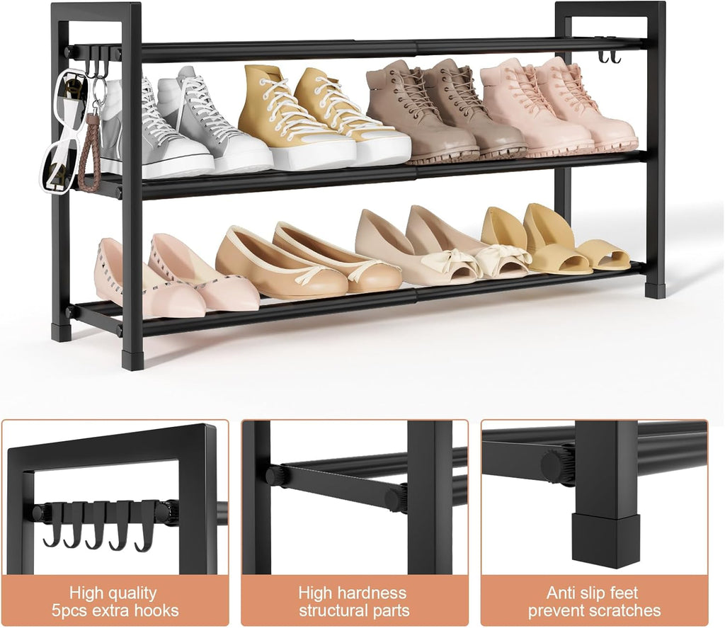 LANTEFUL 3-Tier Expandable Shoe Rack for Closet, Adjustable 18"-33" Metal Shoe Organizer for 12 Pairs, Shoe Shelf for Small Spaces, Entryway, Bedroom with 5 Hooks