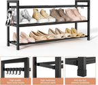 LANTEFUL 3-Tier Expandable Shoe Rack for Closet, Adjustable 18"-33" Metal Shoe Organizer for 12 Pairs, Shoe Shelf for Small Spaces, Entryway, Bedroom with 5 Hooks