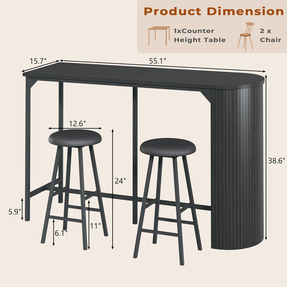 Fluted Bar Table and Chairs Set, 55'' Long Bar Tables with 2 Stools, ...