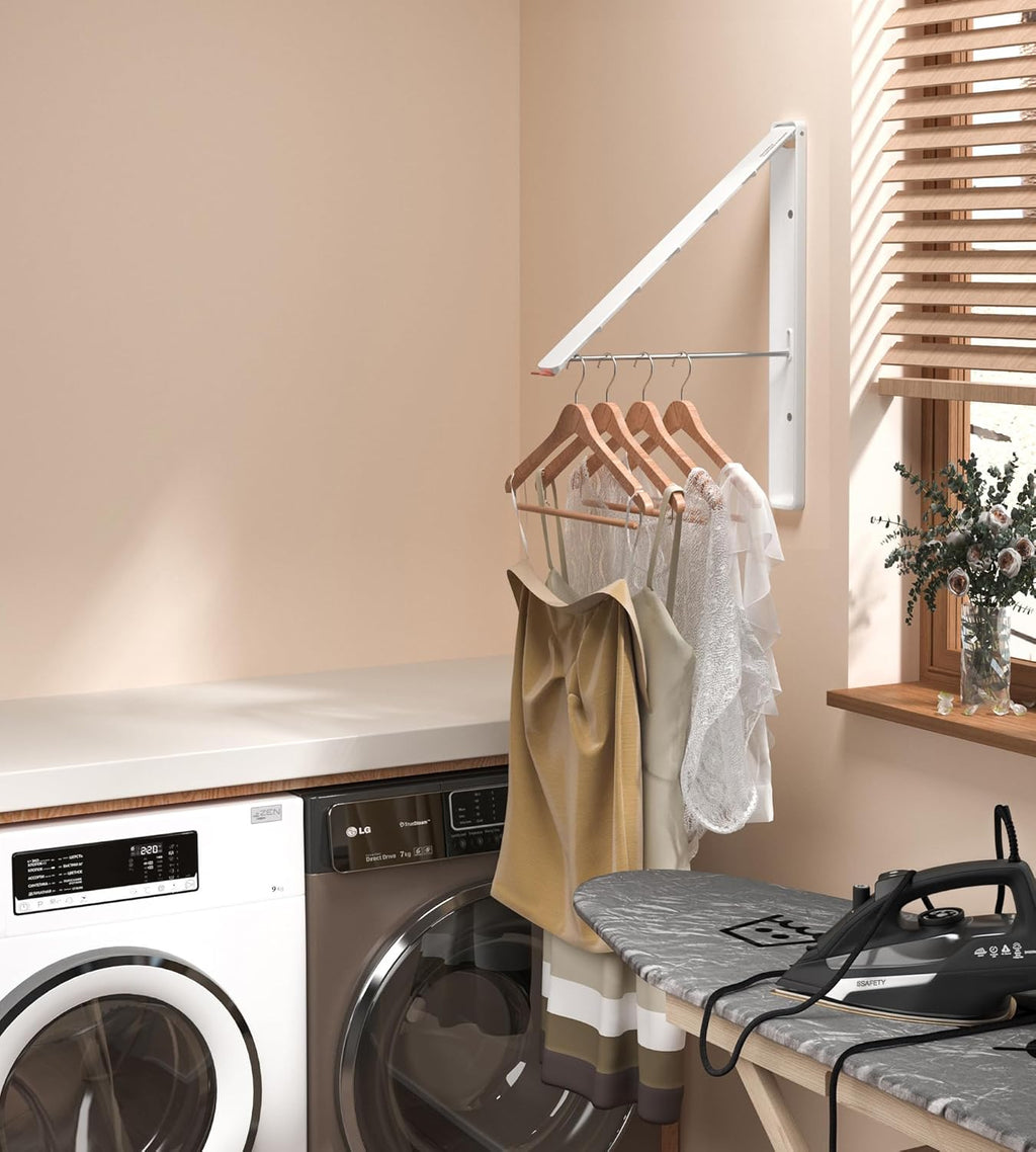 Dr.DJ Clothes Drying Rack Wall Mounted, Retractable & Foldable Clothes Hanger for Laundry Room Organization and Storage, Clothes Hanger Rack for Dorm, Closet, Balcony, Laundry Room(1P, Metal, White)