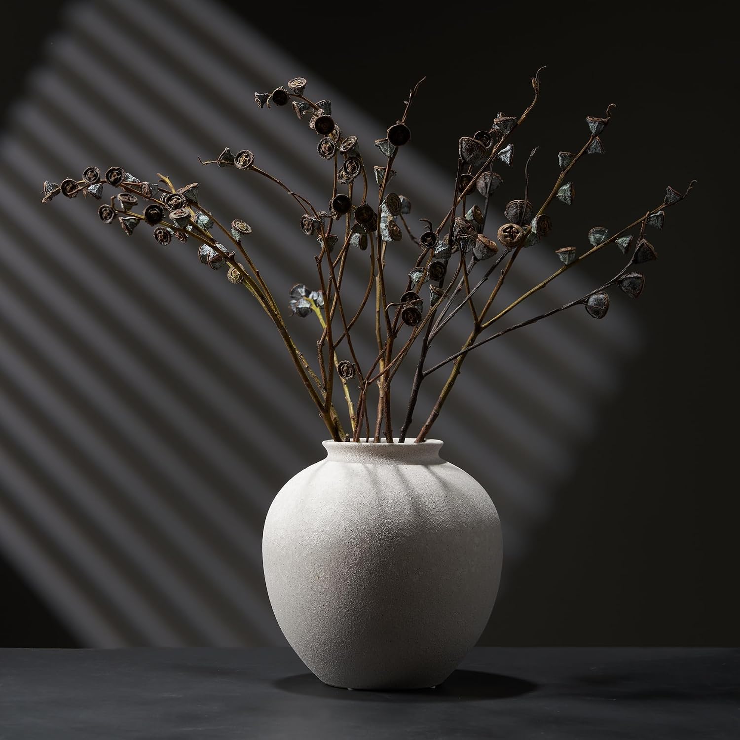 7.8 Inch White Ceramic Vase, Rustic Farmhouse Décor | Round stone-look finish, fits dried flowers, greenery, table centerpieces, weddings, holidays, bathroom, and entryway