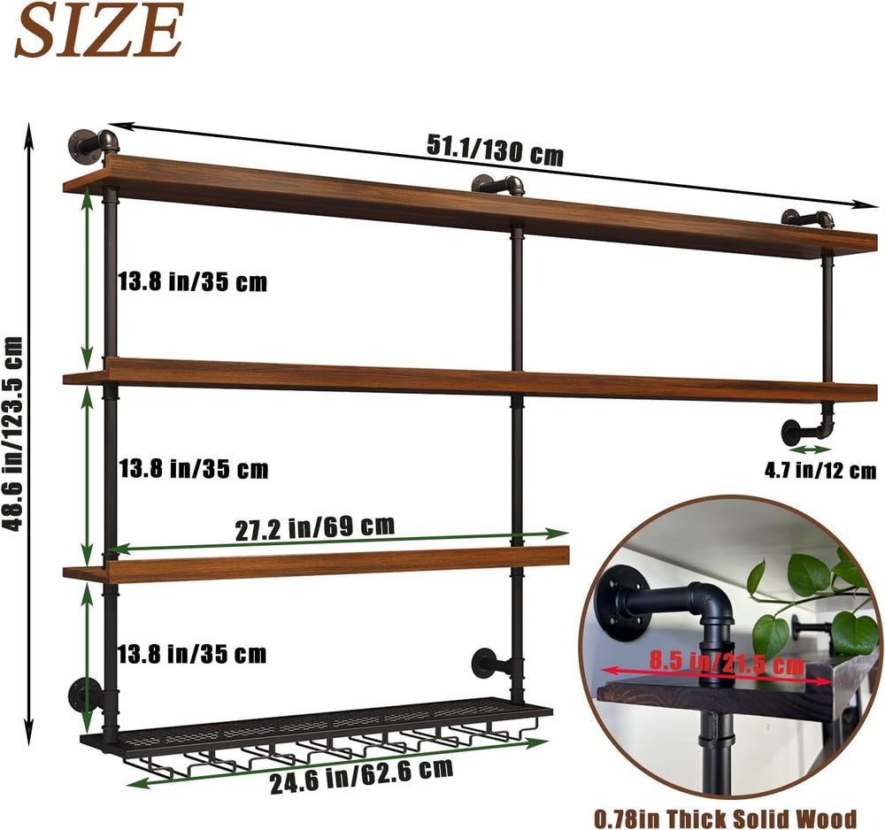 Solid Wood LED Wall Mounted Wine Rack (51.2 in/ 130CM) | 4 Tiers Liquor Bottl...
