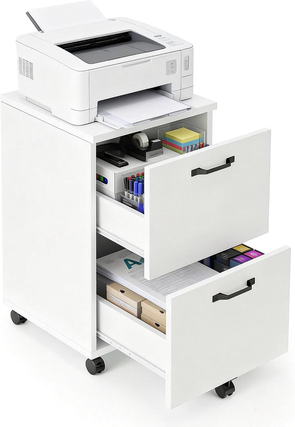 Simple Deluxe 2 Drawer Filing Cabinet, Wood Rolling Filing Cabinets with Prin...