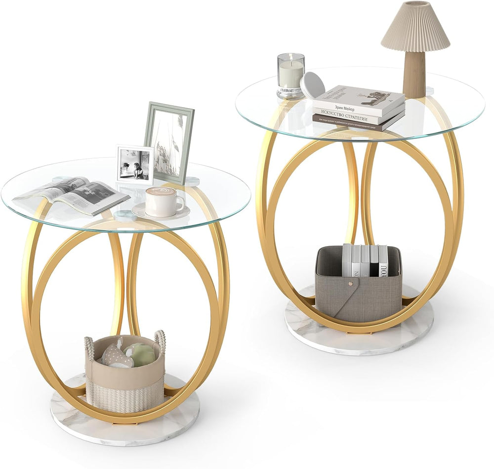 Giantex Round End Table Set of 2, Faux Marble Sofa Couch Side Table w/Tempere...