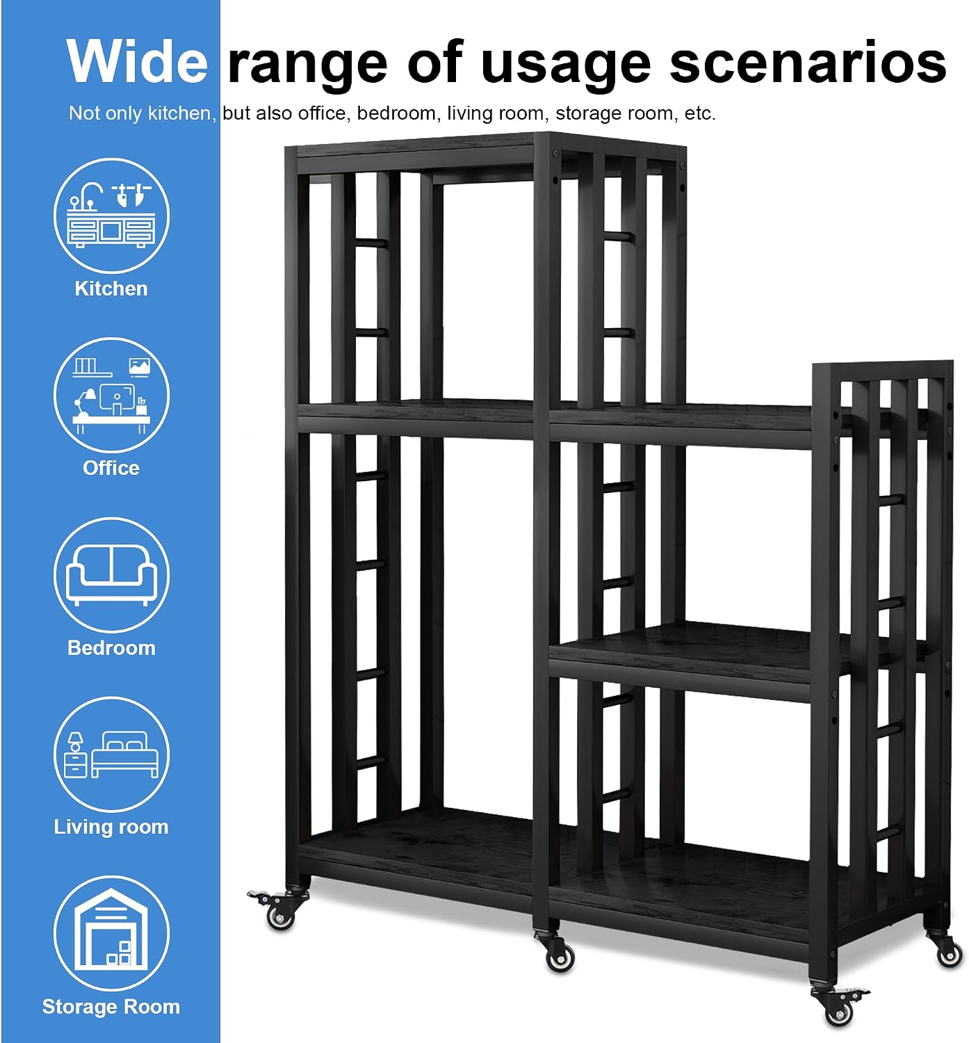 6-Tier Kitchen Bakers Rack, Multifunctional Storage Shelf, Mini Fridge & Microwave Oven Stand Table, Coffee Bar, Adjustable Kitchen Shelves Freestadning (Charcoal Black Wood Grain Print with wheels)