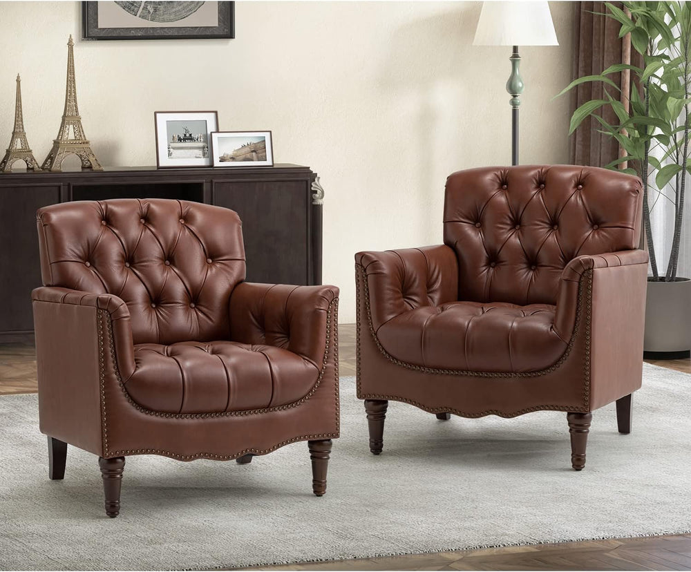 HULALA HOME Mid Century Modern Genuine Leather Accent Chair Set of 2, Brown |...