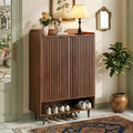 Shoe Cabinet with 2 Doors for Entryway, 21 Pairs Wooden Shoe Storage Cabinet with Adjustable Shelves, Farmhouse Hidden Shoe Organizer for Hallway & Mudroom, Slim Freestanding Shoe Cabinet, Walnut