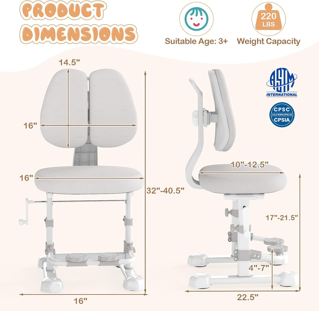 Costzon Kids Chair, Study Desk Chair with Ergonomic Double Backrest, Adjustable Seat Height & Depth, and Rotatable Footrest, Armless Kids Office Chair for Girls & Boys Aged 4-12 Years Old (Gray)