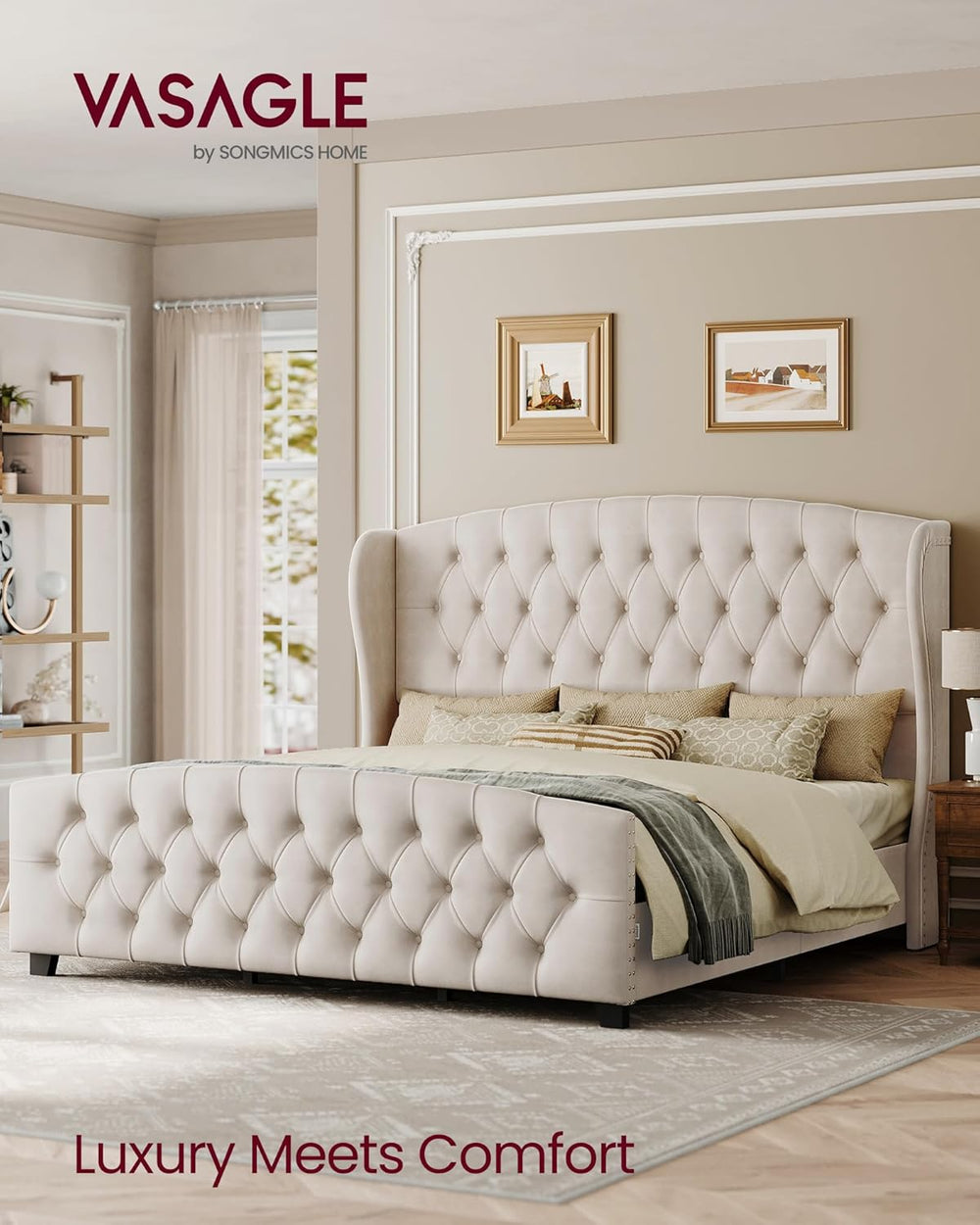 VASAGLE King Platform Bed Frame, Upholstered, Wooden Slats